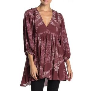 Free People Girl Talk Printed Tunic Top Bohemian Burgundy Blouse Paisley XS